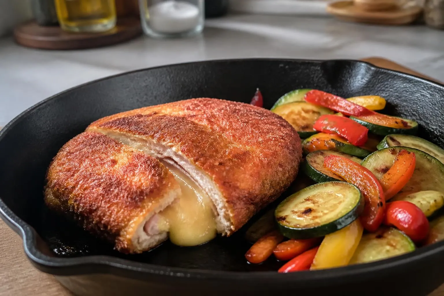 Un cordon bleu doré dans une poêle en fonte, à côté d'une poêlée de courgettes et de poivrons