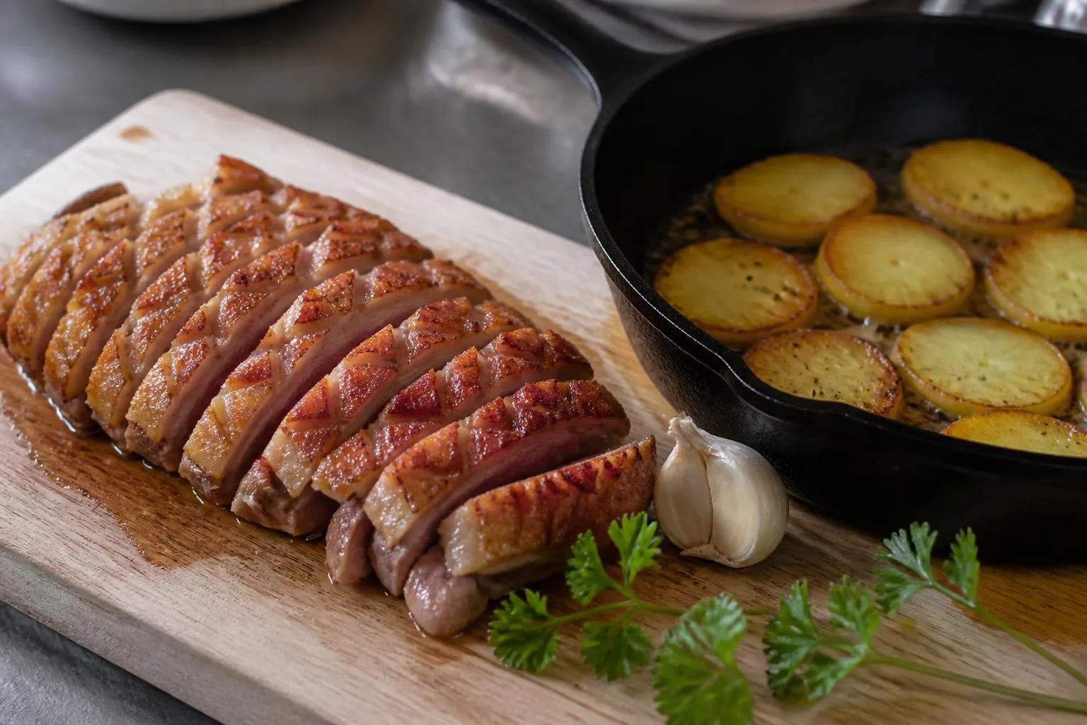 Un magret de canard cuit et tranché sur une planche en bois, à côté d'une poêle où la graisse rendue dore des pommes de terre en rondelles