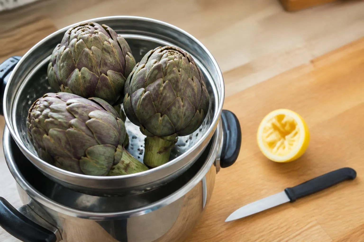 Trois artichauts camus posés dans un panier vapeur en inox au-dessus du fond d'une cocotte-minute ouverte, un demi-citron et un couteau d'office sur le plan de travail