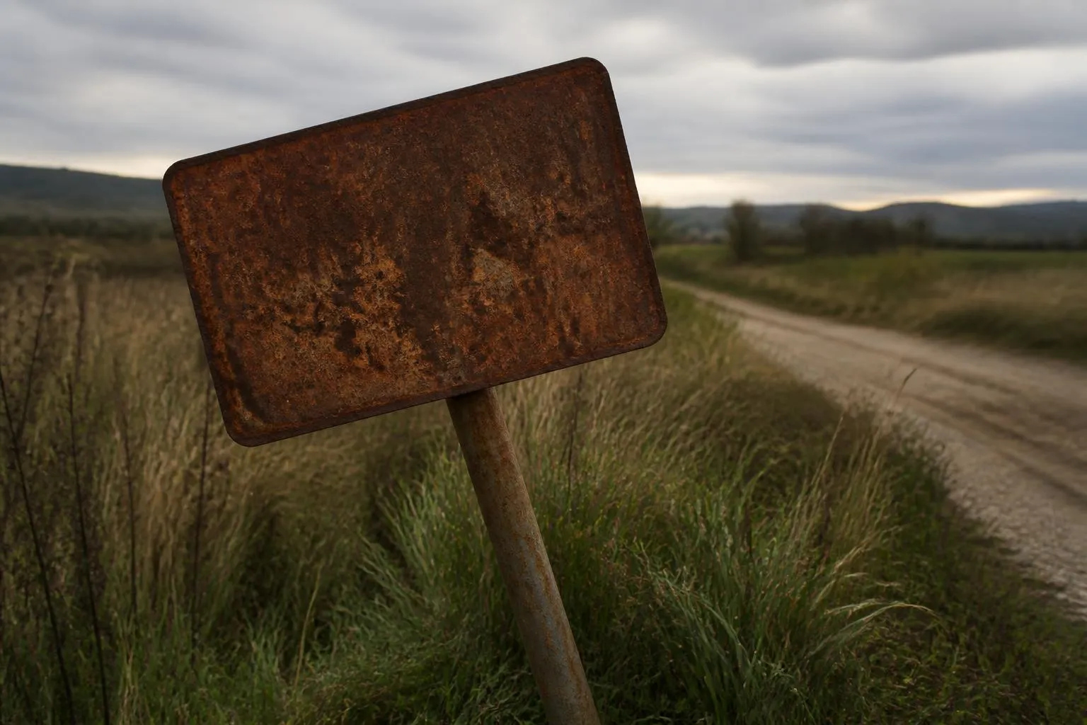 Un vieux panneau de signalisation rouillé et vierge, planté au bord d'un chemin de terre