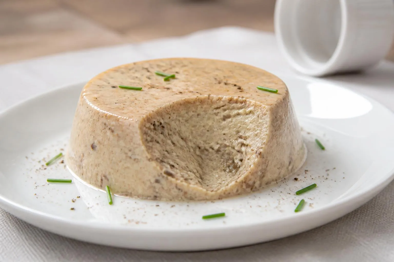 Un flan de champignons démoulé dans une assiette blanche chaude, entamé à la cuillère