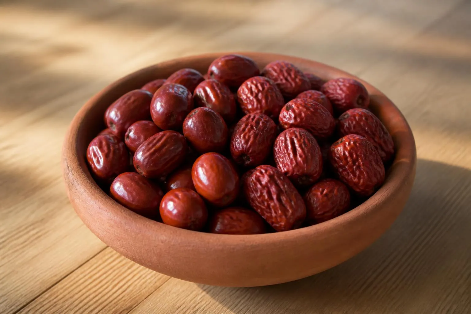 Des jujubes rouges, certains lisses et d'autres ridés, dans une coupelle en terre cuite posée sur un plan de travail en bois