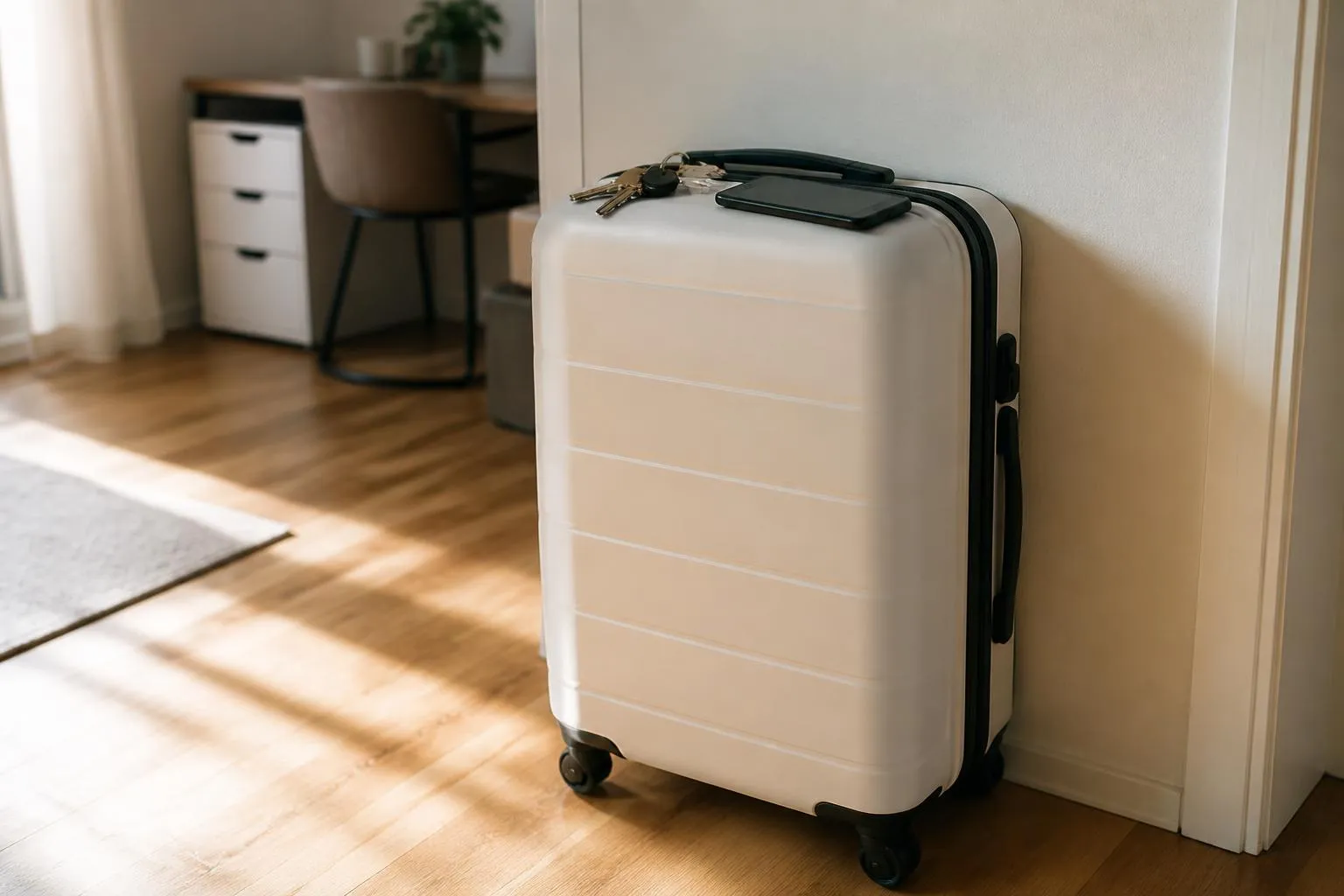 Une petite valise cabine posée près d'une porte d'entrée, un trousseau de clés et un téléphone dessus