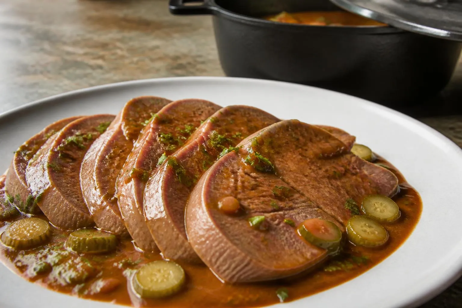 Tranches de langue de bœuf en biais sur une assiette blanche chaude, nappées d'une sauce piquante brun-rouge où affleurent des rondelles de cornichon