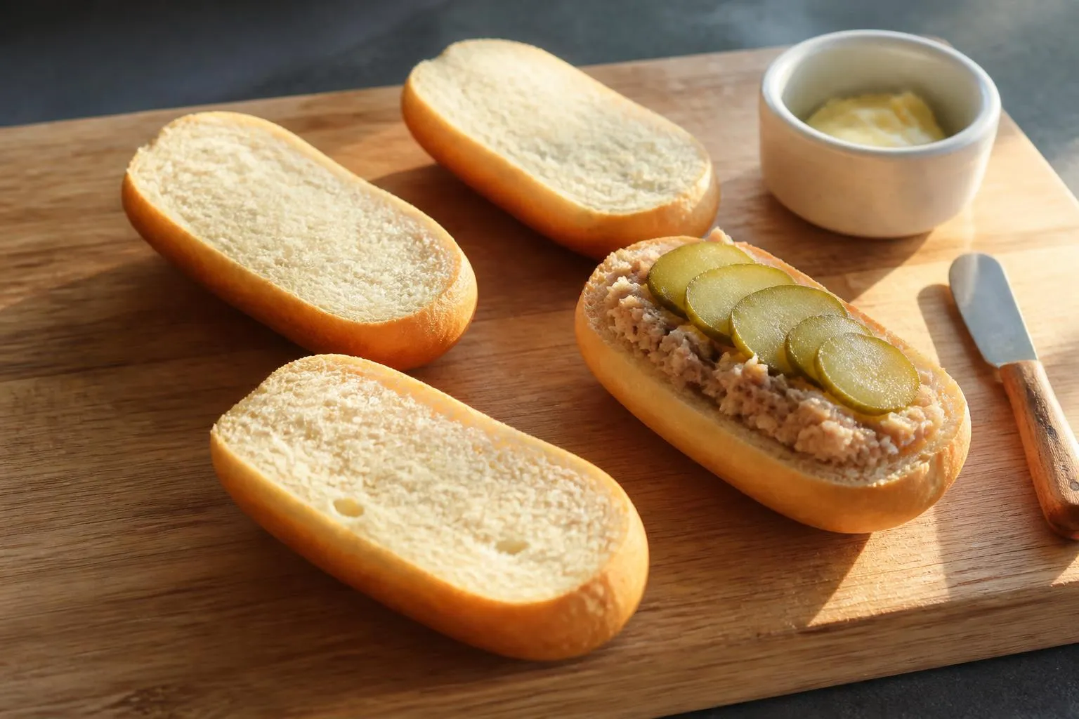 Des navettes apéritives ouvertes sur une planche en bois, garnies de rillettes et de lamelles de cornichon