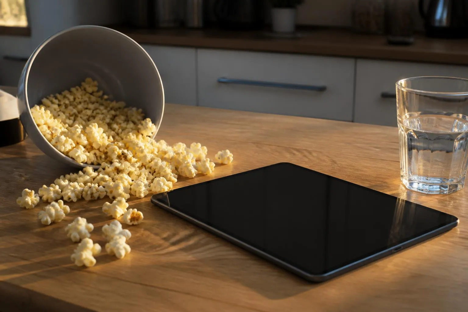 Une tablette éteinte posée à plat sur une table de cuisine en bois, à côté d'un saladier de pop-corn
