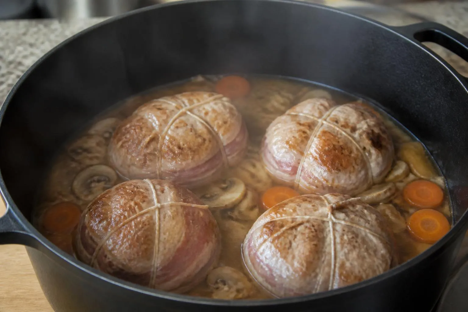 Quatre paupiettes de veau bardées et ficelées en train de mijoter dans une cocotte en fonte, avec des champignons et des rondelles de carotte