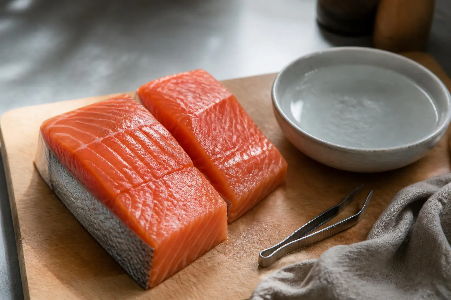 Deux pavés de saumon crus avec leur peau sur une planche en bois, à côté d'une pince à désarêter et d'un bol d'eau salée