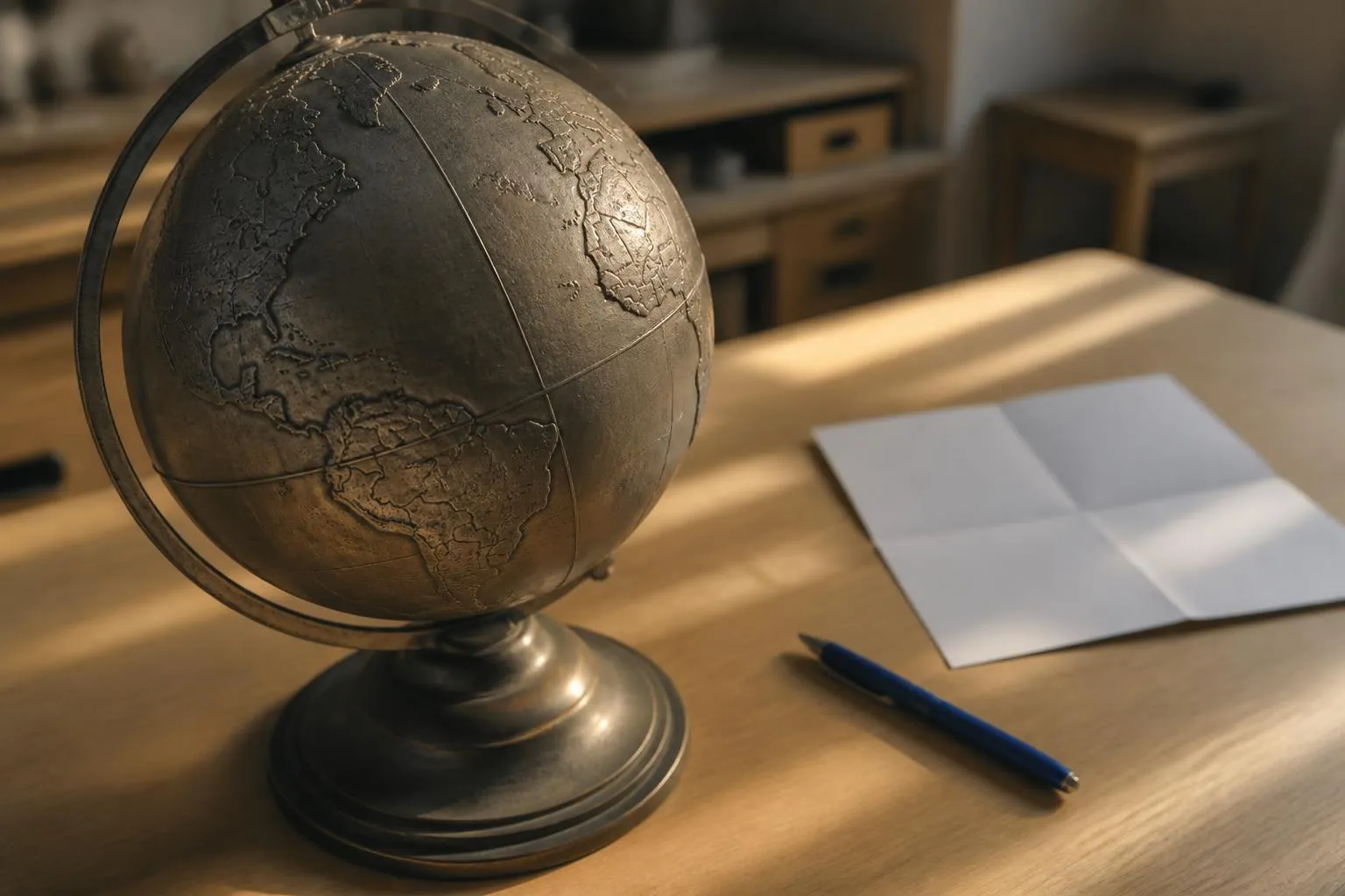 Un globe terrestre en métal patiné posé sur une table en bois clair, à côté d'un stylo bille et d'une feuille pliée en quatre