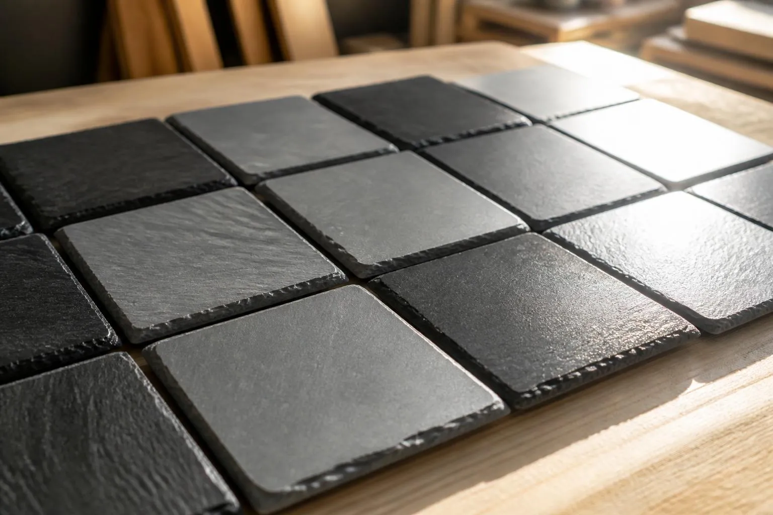 Des carreaux d'ardoise carrés alignés en rangées sur une table en bois, du noir mat au gris pâle