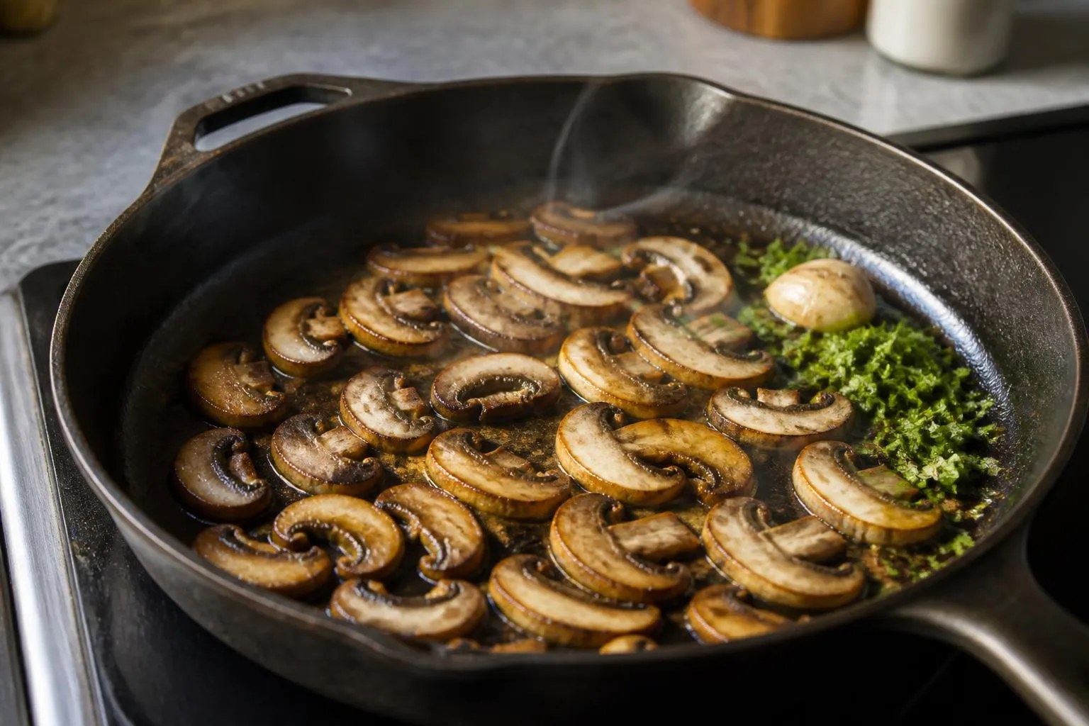 Lamelles de champignons de Paris dorées étalées en une seule couche dans une poêle en fonte, avec ail et persil