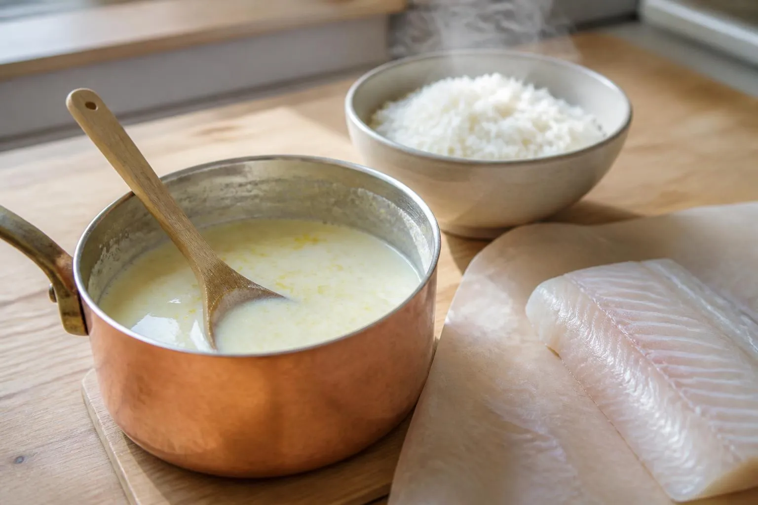 Petite casserole de sauce crème-citron avec une cuillère en bois, à côté d'un bol de riz blanc et d'un dos de cabillaud cru