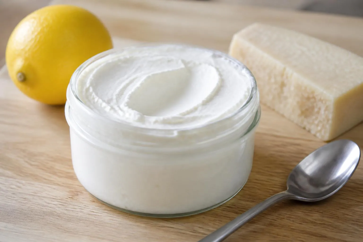 Un pot de fromage blanc épais ouvert, marqué d’un sillon de cuillère, avec un citron et un morceau de parmesan à côté