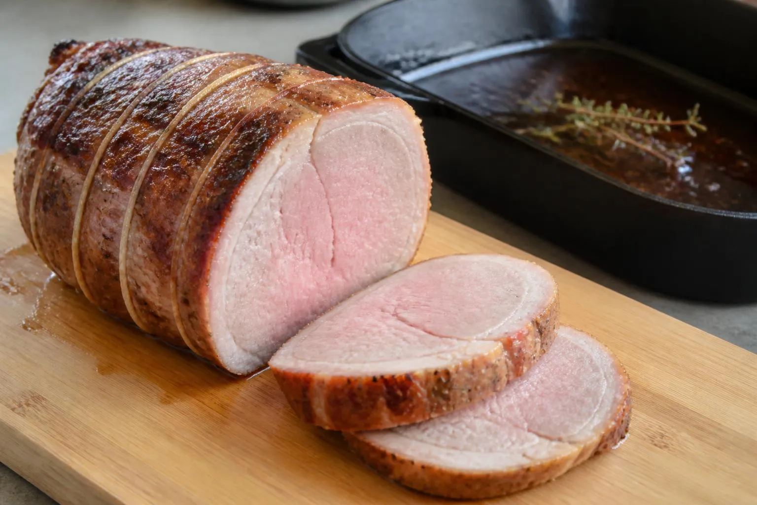 Un rôti de porc ficelé et doré, entamé sur une planche, deux tranches rosées au centre posées devant et le plat en fonte avec son jus derrière