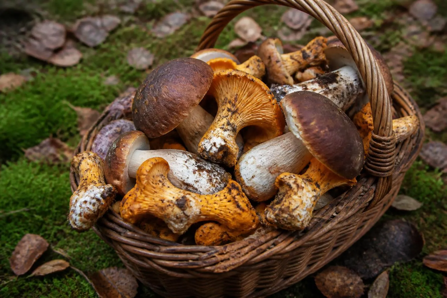 Cèpes au chapeau brun et girolles orange entassés dans un panier en osier posé sur des feuilles mortes