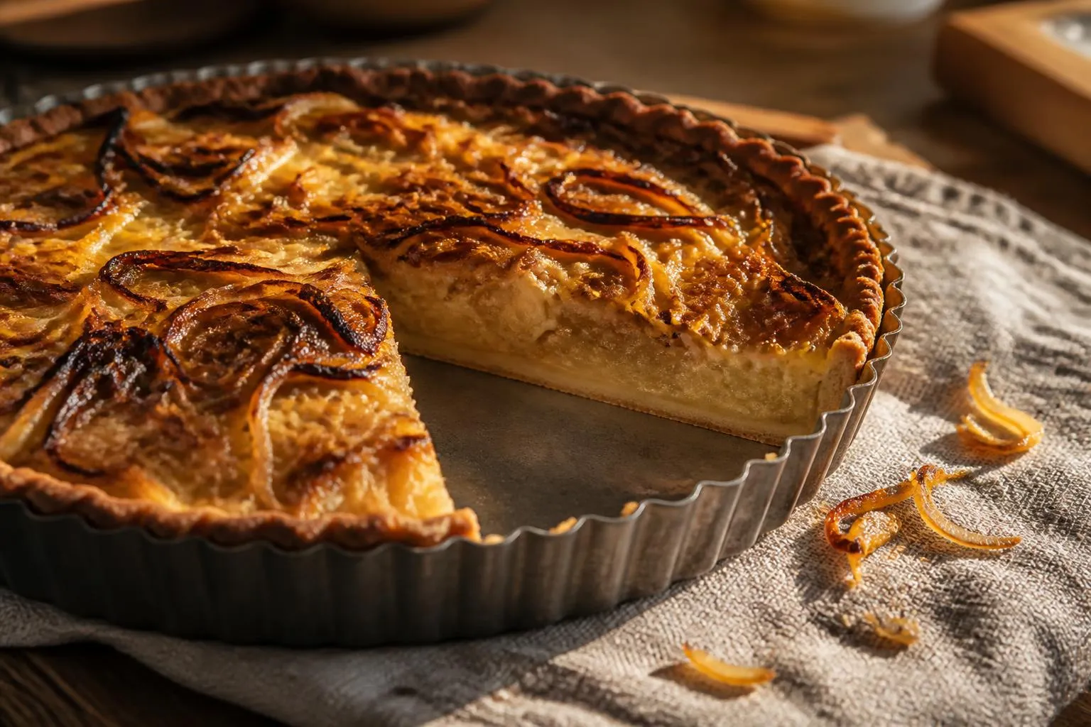 Tarte à l'oignon alsacienne entamée, appareil doré et fond de pâte visible sur la tranche
