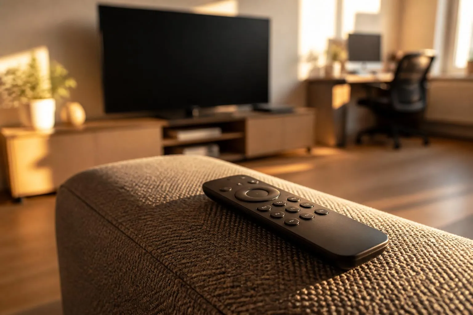 Une télécommande posée sur l'accoudoir d'un canapé devant un écran de télévision éteint